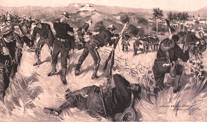 Batalla yanqui contra fuerzas españolas en la loma de San Juan, en Santiago de Cuba.