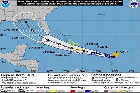 Estado del tiempo por la tormenta tropical Laura y otras formaciones actuales en el Caribe.