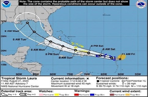 Estado del tiempo por la tormenta tropical Laura y otras formaciones actuales en el Caribe.