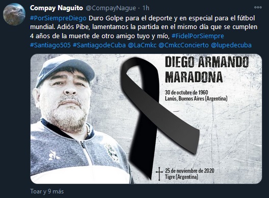 Repercusión en twitter noticia de la muerte de Diego Armando Maradona.