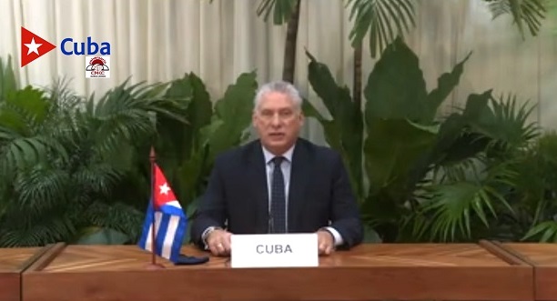 Miguel Díaz Canel en sesión virtual de la ONU sobre la covid-19