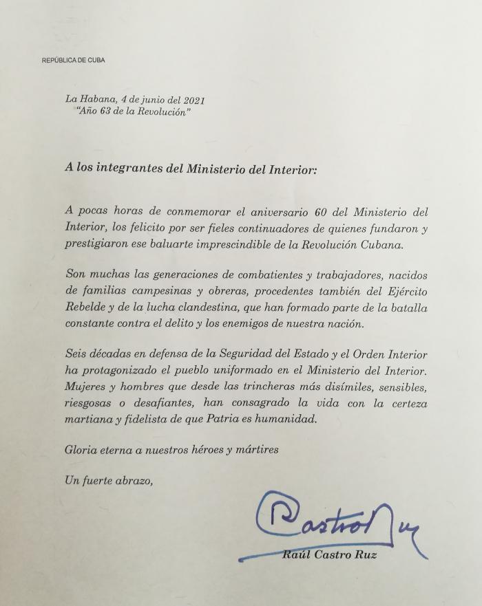 Carta de Raúl en felicitación por los 60 años del Ministerio del Interior.