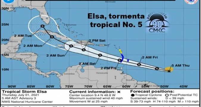 Elsa, tormenta tropical No. 5 al Este Sudeste del Arco de las Antillas Menores en el Caribe