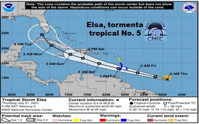 Elsa, tormenta tropical No. 5 al Este Sudeste del Arco de las Antillas Menores en el Caribe