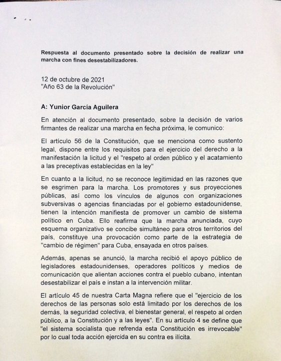 Respuesta a la solicitud de marcha con carácter desestabilizador el próximo noviembre