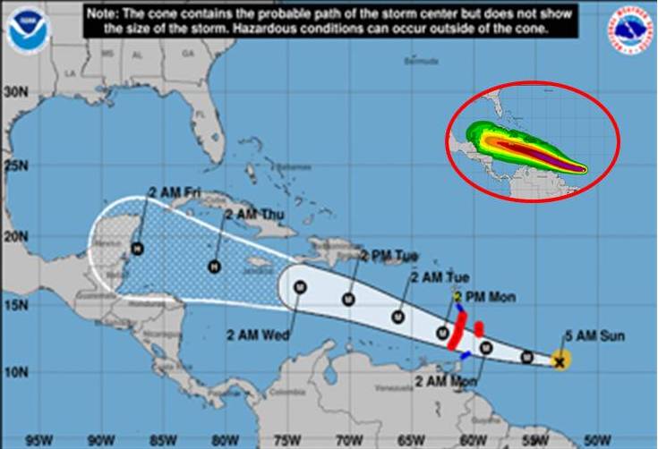 Beryl por el sur del Mar Caribe oriental en Temporada Ciclónica 2024