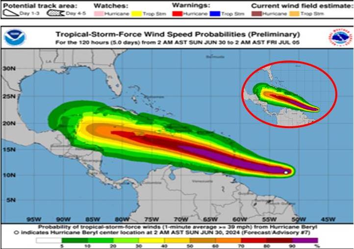 Beryl por el sur del Mar Caribe oriental en Temporada Ciclónica 2024